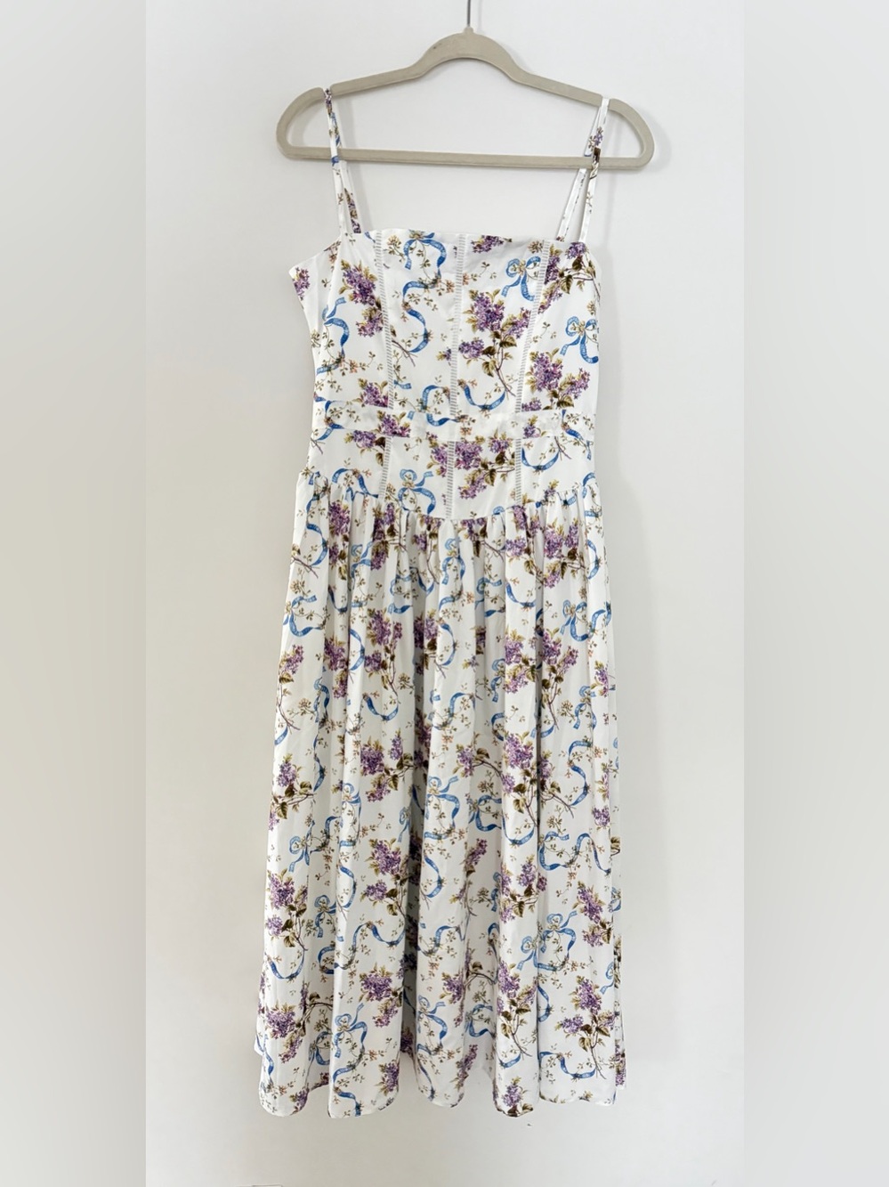 White Midi Dress with Feminine Blue Ribbon and Lavender Floral Print Size M